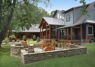 A small 2 bedroom cabin is remodeled to a multi-generation river side lodge. Blue Ridge, Georgia