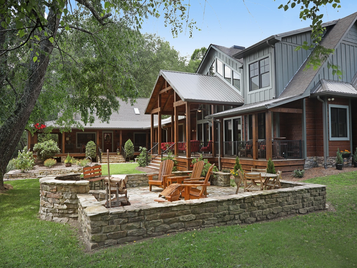 A small 2 bedroom cabin is remodeled to a multi-generation river side lodge. Blue Ridge, Georgia